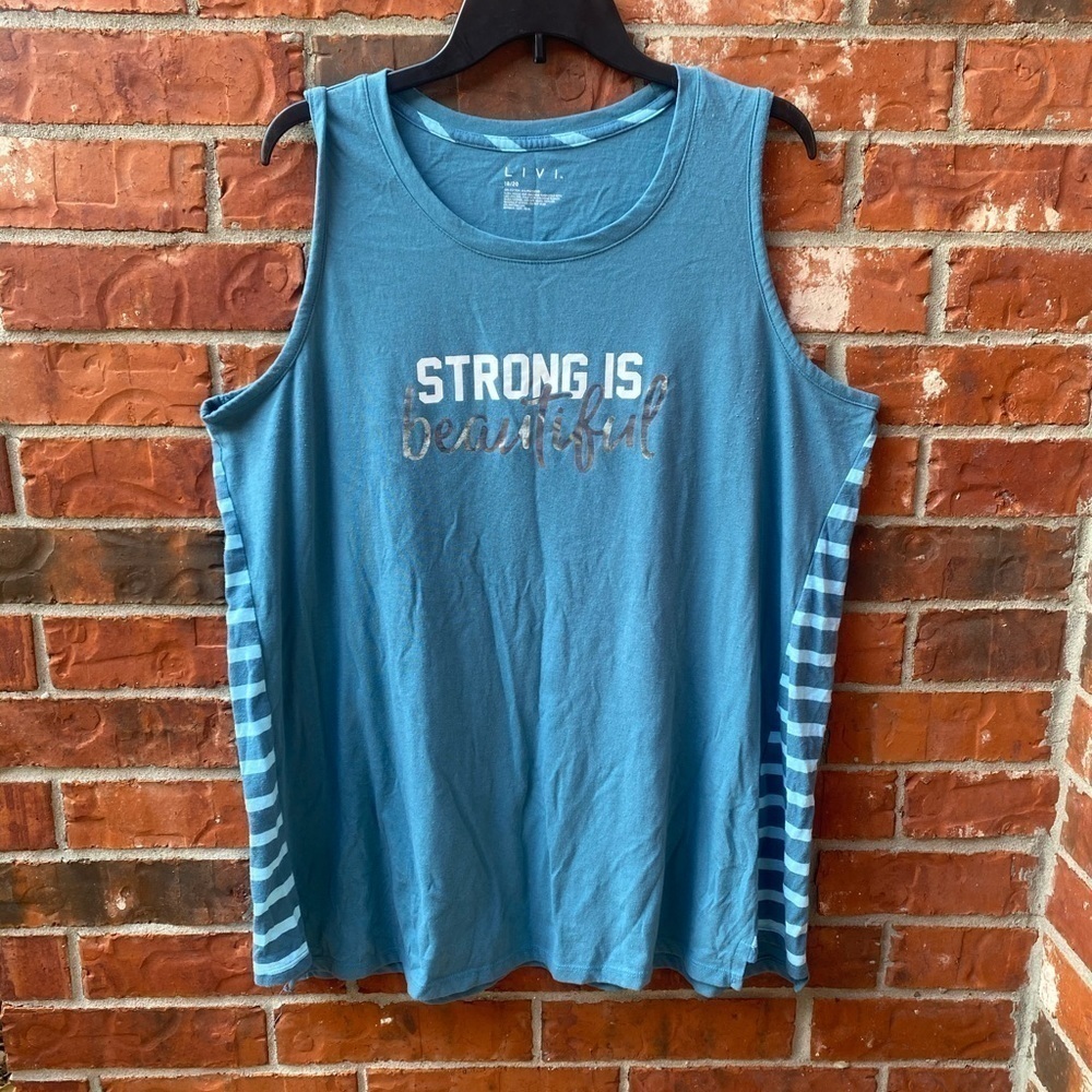 Livi Womens 18/20 Blue Graphic Tank Top Strong Is Beautiful